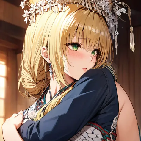 ((Highest quality)), ((masterpiece)), (detailed), （Perfect Face）、The woman is a Tier, with green eyes, medium blonde hair, ethnic medicine and a gorgeous hat.、A woman is hugging and kissing a man