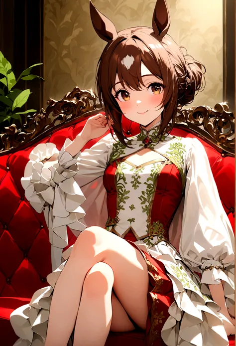 (((Horse Girl))), (((Fine Motion))), sitting on a luxurious red sofa, smile, A young lady-like outfit with white as the base and green embroidery, , High resolution, 