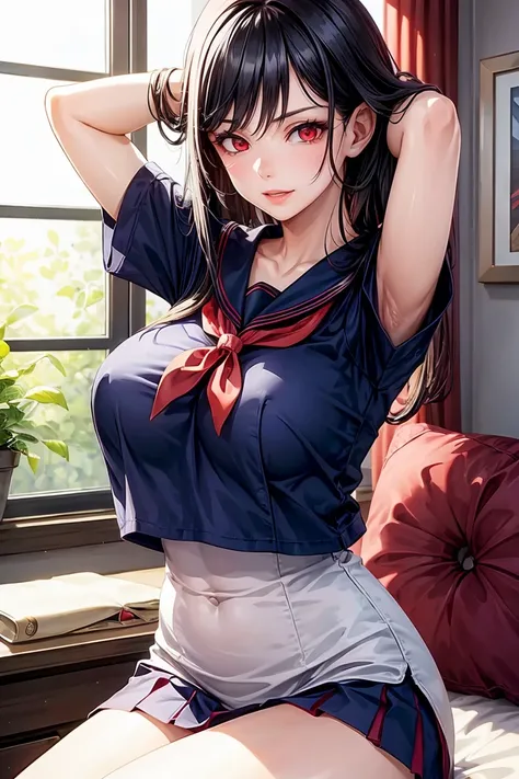 woman, sexy woman, mature female, mommy, black hair, red eyes, detailed eyes, detailed lips, big breasts, short sleeves sailor uniform, sit with crossed legs, bedroom, evil smiling, seductive lips, adjusting hair, skirt, hunter eyes