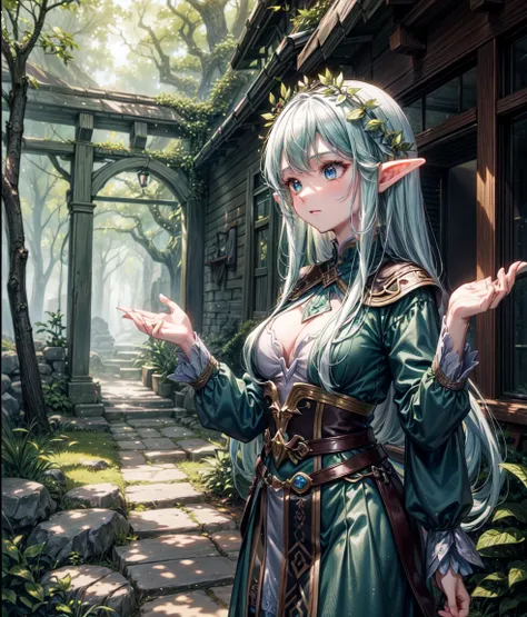 A high-quality, 4K anime scene in the style of Lord of the Rings. The setting is a hidden elf village deep within an ancient forest, bathed in the warm glow of the afternoon sun filtering through the leaves. In the center of the village, a wise, elderly el...