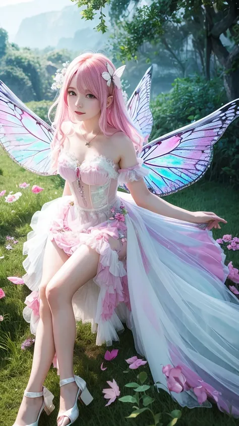 a fairy-like woman with colorful hair and pink eyes and white skin wearing butterfly wings wearing a shiny dress