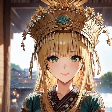 ((Highest quality)), ((masterpiece)), (detailed), （Perfect Face）、The woman is a Tier, with green eyes, medium blonde hair, ethnic medicine and a gorgeous hat.、Smiling with a gentle smile