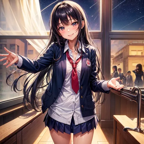 best quality，，smile，blazer，swimsuit，nepal，School，classroom，A girl taking off her uniform，Sexy and cute，Uniform of the Future，Evolution of fashion，middle School girlultiple girls are depicted,harem，idol group，starry sky background，photo shoot，long hair，wear...