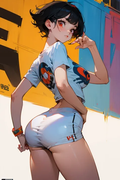 masterpiece,best quality, super fine illustration, super detailed, dynamic angle,8K,detailed background,beautiful background, BREAK a female is dancing. She is wearing a white T-shirt with a graffiti art-style cat illustration.Black Hair,Short Hair,red eye...