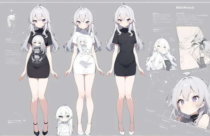 1 girl 150 cm tall. long silver hair, Small face, Full body diagram, clothing maxi pencil skirt black