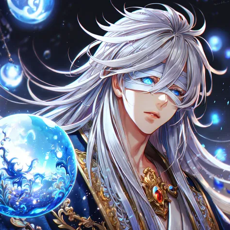 absurdres, highres, ultra detailed, HDR, master piece, best quality, extremely detailed face, delicated features, Gojou Saoru, untamed spiky hair, white hair, long hair, hair between the eyes, bandages over the eyes, Thousand Years War, solo, sexy man, han...