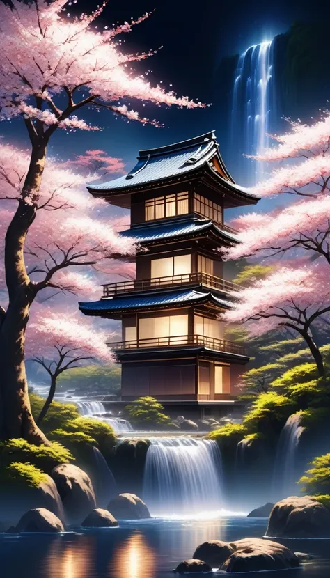 Small Japan traditional house, Blooming Sakura Trees, nature, Ultra realistic , night time , Sakura Tree Blooming Forest  , big clear water river, waterfall in a distance,ultra high resolution, intricate details, highly detailed, ultra high definition,