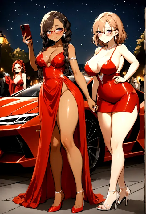 3 girls, 16 year old looking light skinned African American , with box braids, glasses, huge big  , big thick ass, cute, sexy, beautiful face, wearing sparkly red dress, clear colored high heels, wearing ring earring, taking pictures in front of red lambo,...