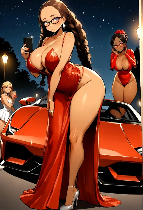 3 girls, 16 year old looking light skinned African American , with box braids, glasses, huge big  , big thick ass, cute, sexy, beautiful face, wearing sparkly red dress, clear colored high heels, wearing ring earring, taking pictures in front of red lambo,...