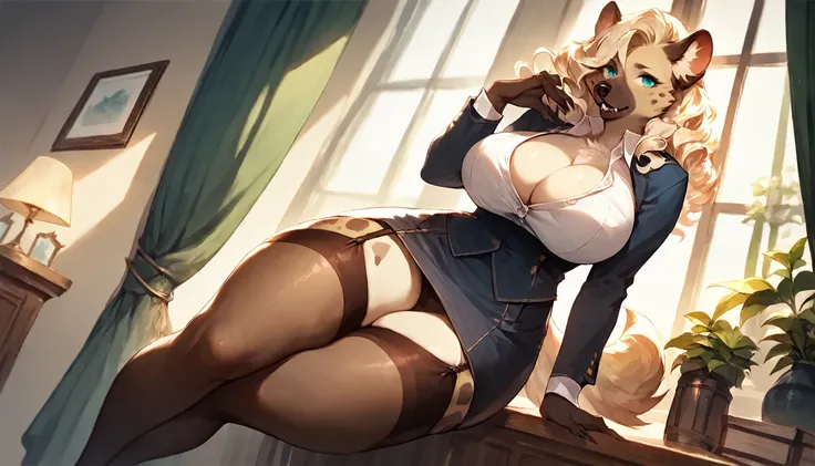 score_9, score_8_up, score_7_up, score_6_up, score_5_up, score_4_up, (solo), female anthro hyena, secretary clothes, skirt, lusty, fluffy body, long blond hair, turquoise eyes, (thick thighs:1.5)((( offering the breasts))) sex partial clothes, (((cleavage)...