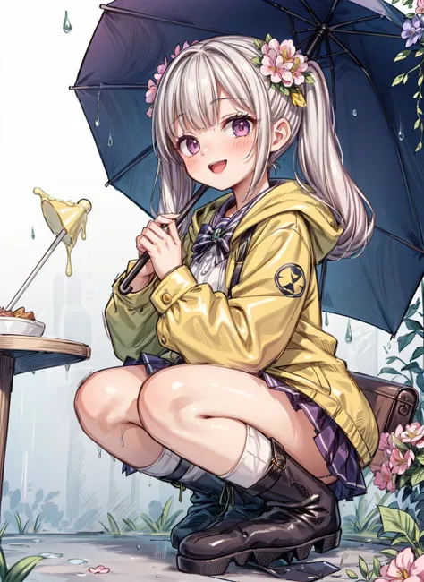 One Girl,rainbow,raincoat,yellow raincoat,rubber Knee-high boots,Hydrangea,flower,Long Hair,Twin tails,Knee-high boots,blush,umbrella,Open your mouth,hair ornaments,Food,alone,Terboz,very Long Hair,Food up,Long sleeve,Low Ponytail,bow,bangs,smile,animal Fo...