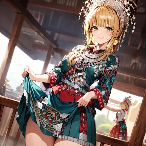 ((Highest quality)), ((masterpiece)), (detailed), （Perfect Face）、The woman is a Tier, with green eyes, medium blonde hair, ethnic medicine and a gorgeous hat.、Smiling with a gentle smile、The woman lifts the hem of her skirt a little to show off her outfit.