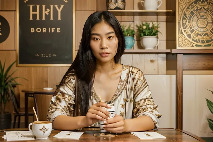 a tarot reading woman sitting at a table with tarot cards, an asian woman, mixed-race woman, a young asian woman, infp young woman, chinese artist, asian woman, mixed race woman, sitting at a table, attractive woman, young asian woman, mysterious coffee sh...