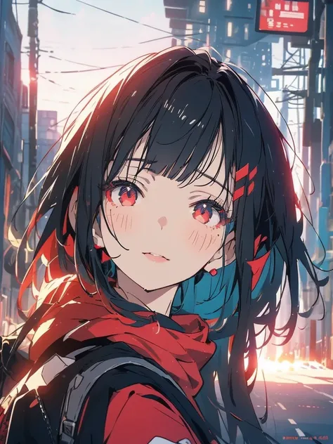 A girl with black hair and red eyes,twin tails hairstyle,casual clothes,mini skirt,beautiful detailed eyes,beautiful detailed lips,extremely detailed eyes and face,long eyelashes,dynamic pose,cinematic lighting,vibrant colors,digital painting,concept art,p...