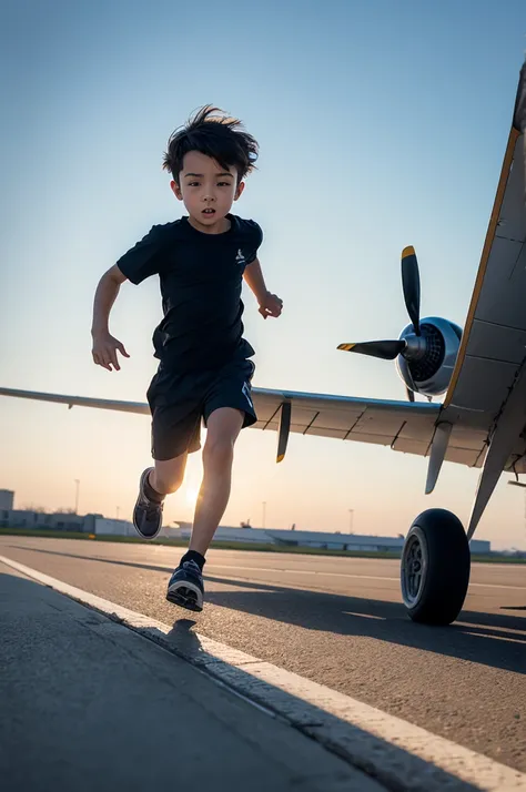 The boy running after a plane