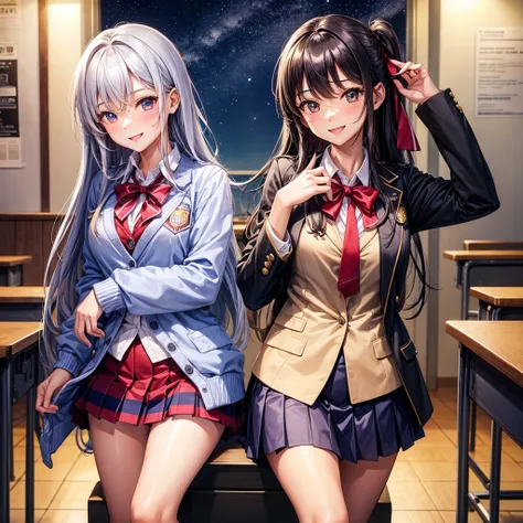 best quality，，smile，blazer，swimsuit，nepal，School，classroom，A girl taking off her uniform，Sexy and cute，Uniform of the Future，Ribbon on uniform，Evolution of fashion，middle School girlultiple girls are depicted,harem，idol group，starry sky background，photo sh...