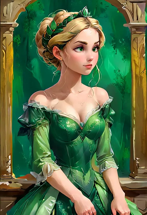 aa masterful best quality, award winning masterpiece, oil painting portrait done by Michelangelo of Princess Zelda, ((anatomically correct: 1.5)), (small pointed ears: 1.1), wearing intricate glamour green elven dress, elven forest background background, U...