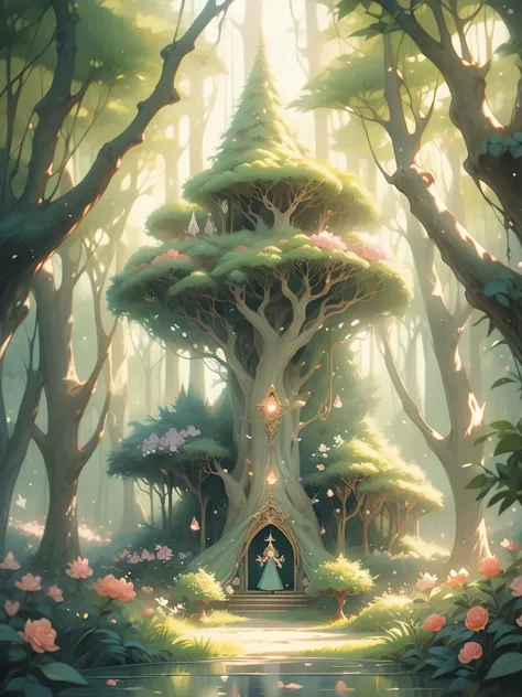 a painting of a forest with flowers and trees, enchanted magical fantasy forest, magic fairy forest, magical fantasy forest, enchanted and magic forest, in a magical forest, fairytale forest, magical forest, very magical and dreamy, fairy forest, magic for...