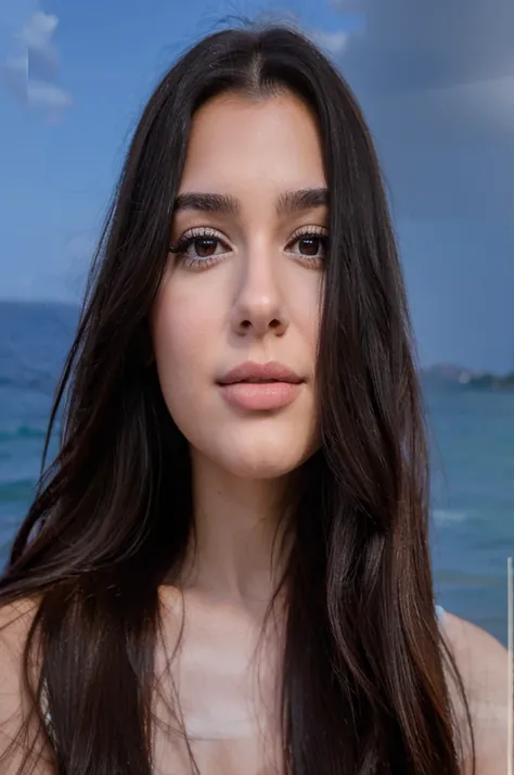 A young adult woman with long black hair and brown eyes., hyper detailed and realistic, Sitting on the beach in Buzios Rio de Janeiro.