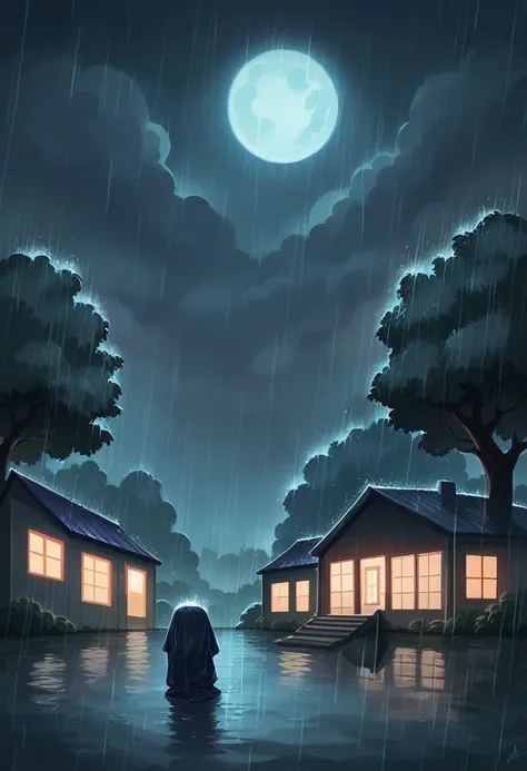 there is a house in the rain with a tree in the foreground, raining at night, rainy night, it is night and raining, strong rain ...