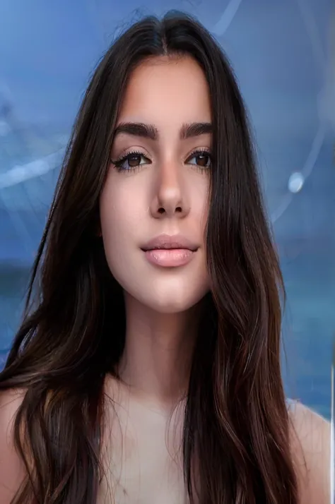 A young adult woman with long black hair and brown eyes., hyper detailed and realistic, Sitting on the beach in Buzios Rio de Janeiro.