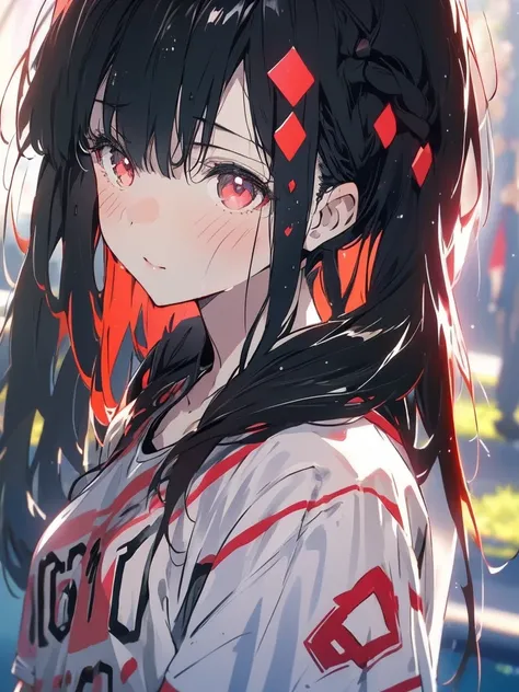 A girl with black hair and red eyes,twin tails hairstyle,casual clothes,mini skirt,beautiful detailed eyes,twin tails hairstyle, twin tails, beautiful detailed lips,extremely detailed eyes and face,long eyelashes,dynamic pose,cinematic lighting,vibrant col...