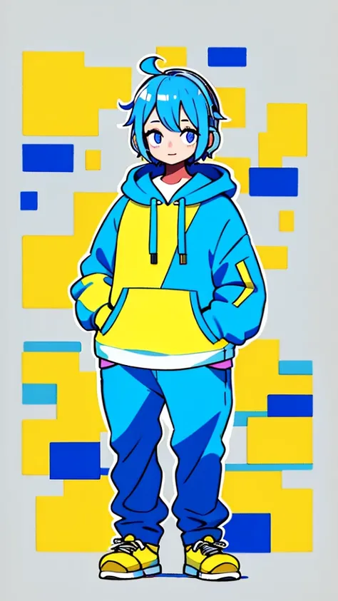 Mash Hair　Short Hair　Blue hair　Wearing a blue hoodie　　Im wearing headphones　1 male　smile　Yellow irises　Narrow eyes　cheeks are white　The whole body is shown　Looking into the distance　Right hand on forehead　The whole body is on camera