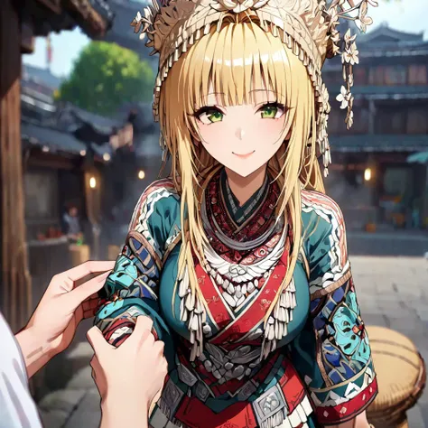 ((Highest quality)), ((masterpiece)), (detailed), （Perfect Face）、The woman is a Tier, with green eyes, medium blonde hair, ethnic medicine and a gorgeous hat.、Smiling with a gentle smile、The woman is being shown her outfit