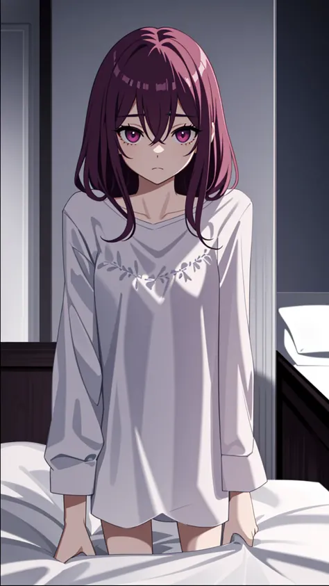 Adult woman, pink eyes, depression, bedroom