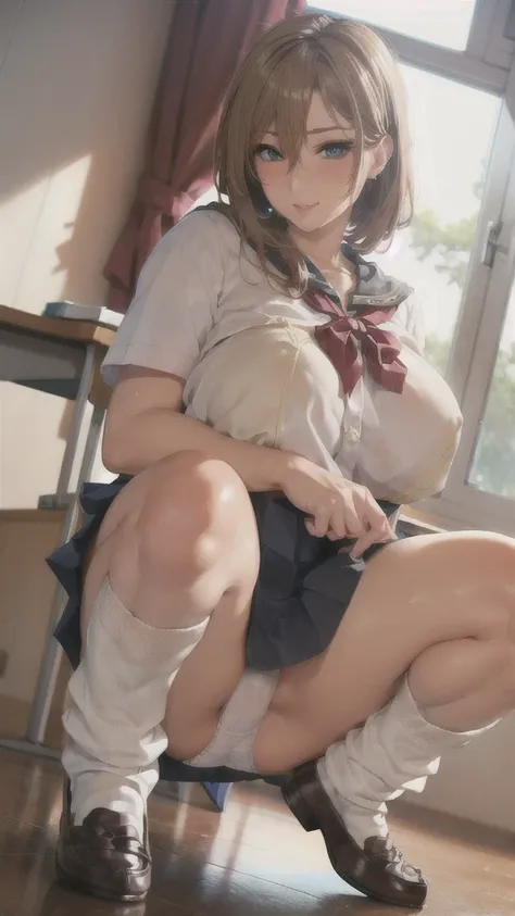 ((Correct Anatomy)),(Female student),((school uniform)),((Sailor suit)),((White lace panties)),(Mini Pleated Skirt),(((White loose socks))),((squat)),Ultra-high resolution,Mature Woman, Mature Woman, Very detailed,Sunburned skin,Brown Skin,((Beautiful feet...