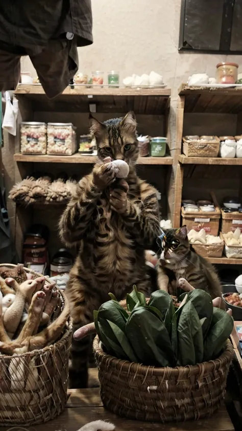 the market scene should be busy but slightly blurred to keep focus on the cats