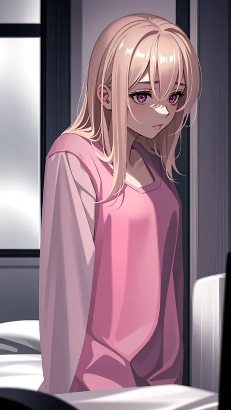 Adult woman, pink eyes, blonde hair, depression, night, bedroom