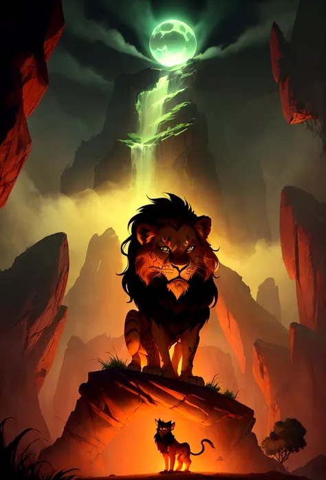 stylised animated illustration depicting the character scar from the 1994 disney film "the lion king". the character is depicted...