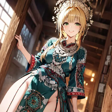 ((Highest quality)), ((masterpiece)), (detailed), （Perfect Face）、The woman is a Tier, with green eyes, medium blonde hair, ethnic medicine and a gorgeous hat.、Smiling with a gentle smile、The woman is being shown her outfit、The whole body is in the frame