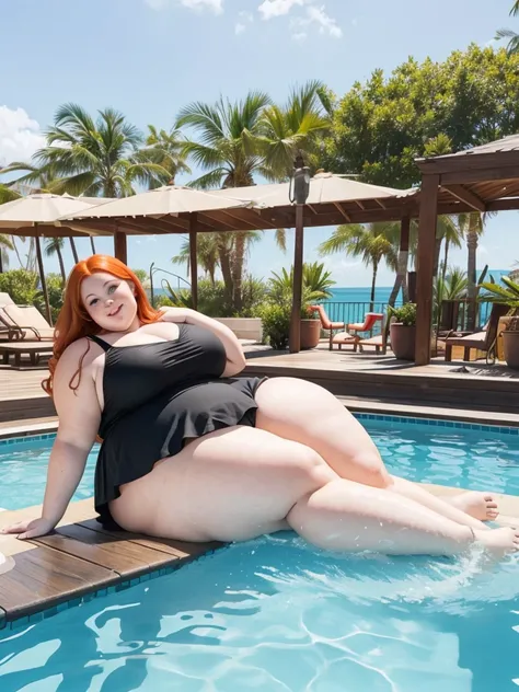 A happy travelling photo of a young redhead ssbbw with long ginger hair, very soft fat belly, very obese legs, thick fat wide legs and fat arms, huge wide butt, cute pretty face, fat breasts, in a black swimming-dress laying on a poolside