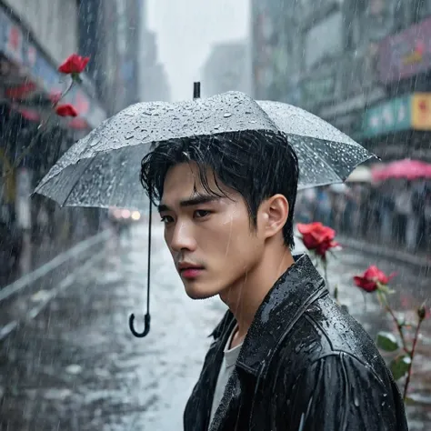 in a bustling city，cold rain，A handsome korean man stands alone in the rain，His eyes are confused，The expression is sad，Gloomy eyes， and strong，withered rose，Wilted flowers，The rain washed over his cheeks。He insists on waiting，Believe that the one you love...