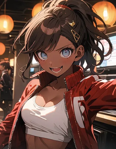 masterpiece,high resolution,8k,detailed anatomy (17-year-old girl,danganronpa,aoi asahina,aoi asahina,brown skin,brown hair,pony...