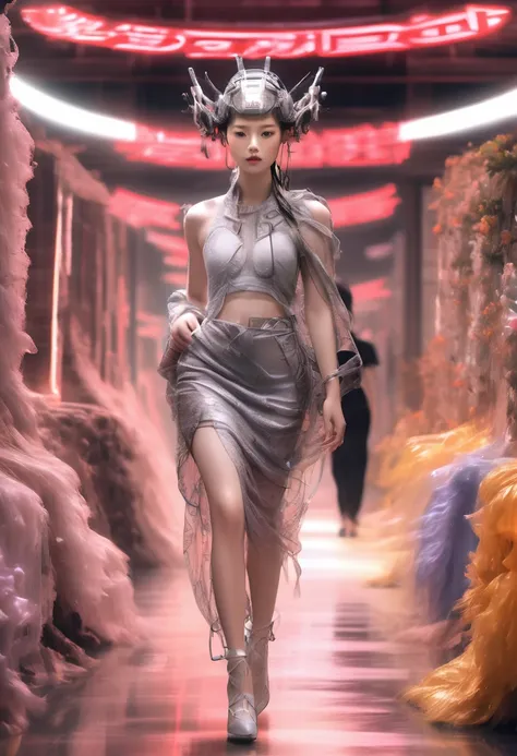 Optimal image, (8K, RAW photo, Realistic), Delicate and delicate brushstrokes and gorgeous and dynamic painting techniques, A full-body photo of a fashion model，A fashion runway for alien technology , vogue photography , Inspired by Chinese Xianxia and cyb...