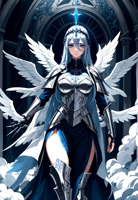 a valkyrie nun with silver blue hair, detailed face, piercing blue eyes, long eyelashes, intricate armor, flowing cape, dramatic pose, fantasy landscape, lush foliage, epic lighting, cinematic atmosphere, digital art, highly detailed, 8k, photorealistic, m...