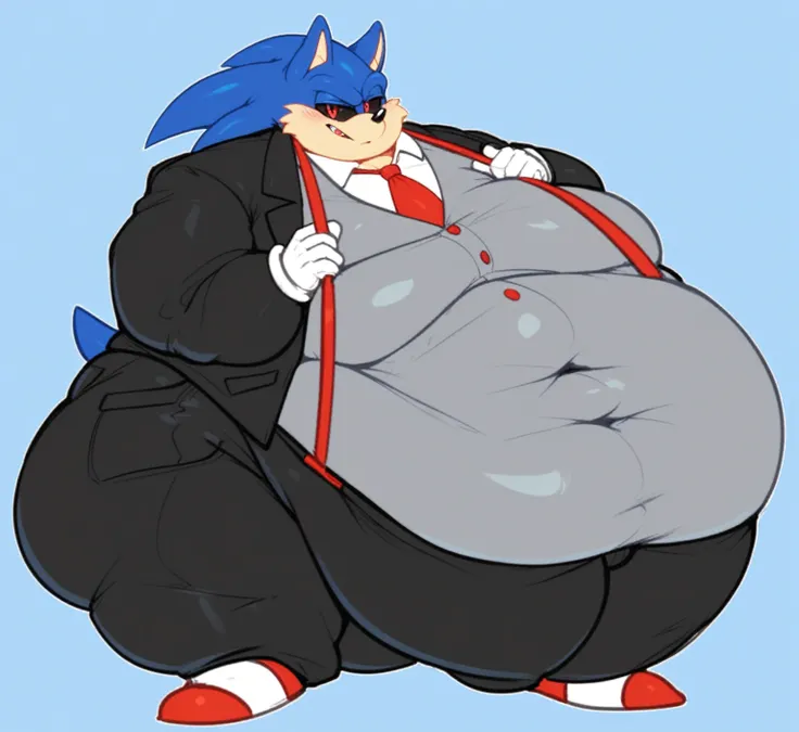 by hioshiru, by null-ghost, by darkgem, by edjit, by honovy, 
 fox, ((fat, overhang solo)), (standing, navel), ((wearing shorts)), ((thick thighs)), male, grabbing belly, Masterpiecev10, (five fingers), sonic oc, red eyes, black sclera, white hedgehog spik...