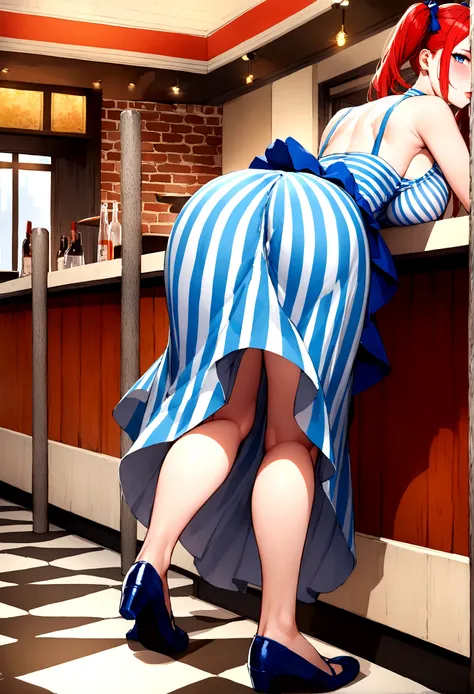 A white woman wearing red pigtails with a blue and white striped dress with big breasts wearing blue dress shoes bending over in a restaurant