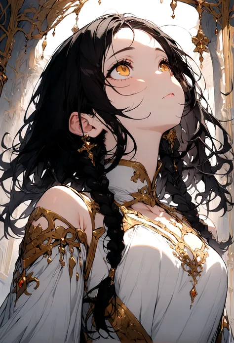 best quality, masterpiece,black hair, gold eyes,white clothes, looking up, upper body,hair strand,Fair skin,side braids