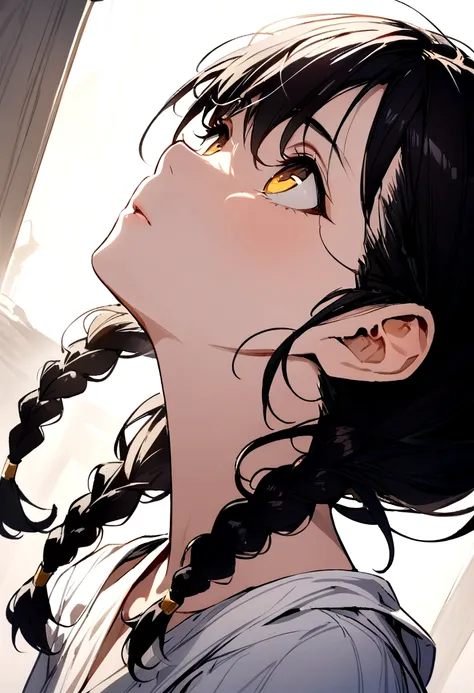 best quality, masterpiece,black hair, gold eyes,white clothes, looking up, upper body,hair strand,Fair skin,side braids