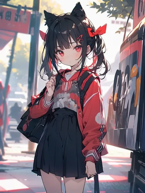 A girl with black hair and red eyes wearing casual dress and mini skirt and have twin tail hairstyle beautiful vibrant colors,twin tails, viewers pov 