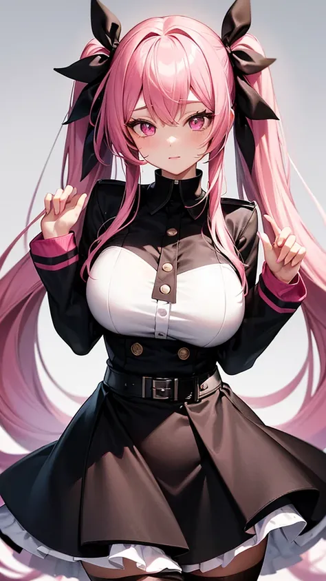 (Highest quality,Super detailed,1 girl),black tights,Pink Hair,Height: 160cm,cute,Pink Eyes,Twin tails,Big Breasts,Wear a uniform,The eyes are shining white,Looking at me from a close distance,Has bright white eyes,