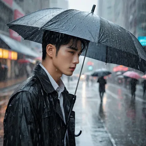 in a bustling city，cold rain，A handsome korean man stands alone in the rain，His eyes are confused，The expression is sad，Gloomy eyes， and strong, The rain washed over his cheeks。He insists on waiting，Believe that the one you love will come back。without umbr...