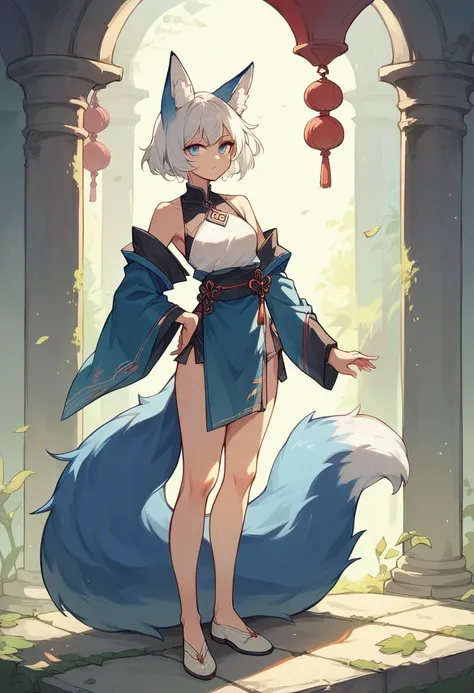 Female, white hair, short hair, blue eyes, blue fox ears, fox tail, nine-tailed fox, standing 