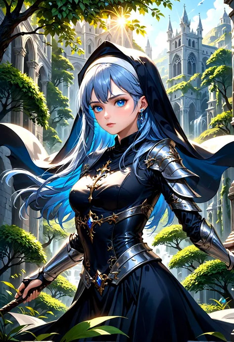 a valkyrie nun with silver blue hair, detailed face, piercing blue eyes, long eyelashes, intricate armor, flowing cape, dramatic pose, fantasy landscape, lush foliage, epic lighting, cinematic atmosphere, digital art, highly detailed, 8k, photorealistic, m...