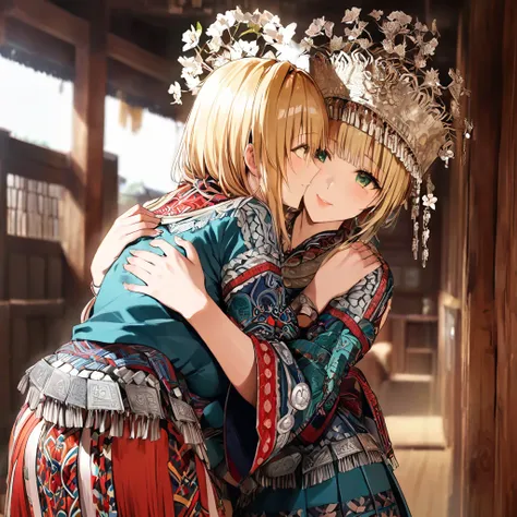 ((Highest quality)), ((masterpiece)), (detailed), （Perfect Face）、The woman is a Tier, with green eyes, medium blonde hair, ethnic medicine and a gorgeous hat.、Smiling with a gentle smile、A woman is hugging and kissing an old man dressed in national costume...