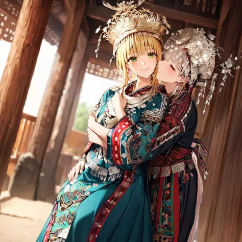 ((Highest quality)), ((masterpiece)), (detailed), （Perfect Face）、The woman is a Tier, with green eyes, medium blonde hair, ethnic medicine and a gorgeous hat.、Smiling with a gentle smile、A woman is hugging and kissing an old man dressed in national costume...